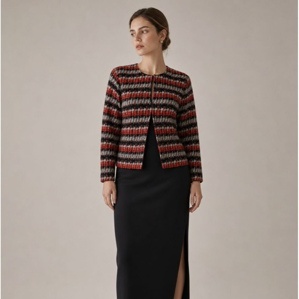 Ming Wang Cardigan Petite Size L Black Red Artsy Knit Houndstooth Quiet  Luxury